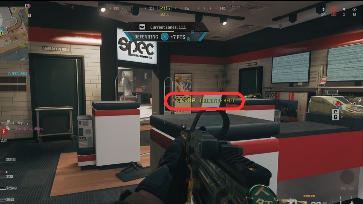 Showing 150 XP earned every 5 seconds for holding zone in LockdownQuads in Warzone in MW3