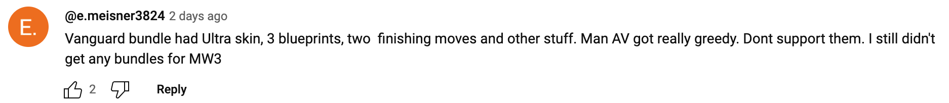 YouTube comment about Vanguard Horsemen bundle being better than MW3 1