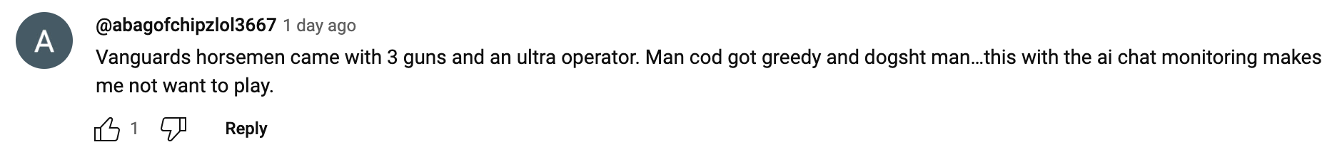 YouTube comment about Vanguard Horsemen bundle being better than MW3 2