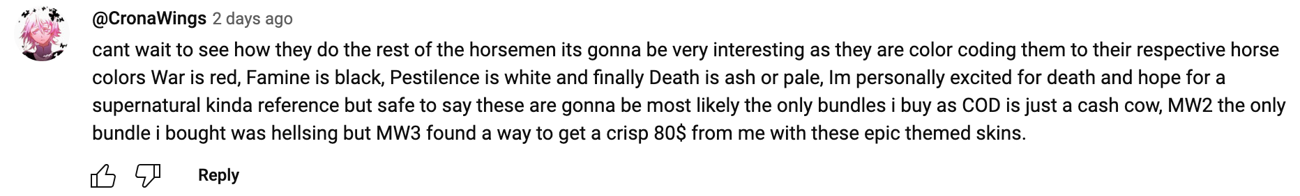 YouTube comment excited for future bundles Horsemen War Bundle in MW3