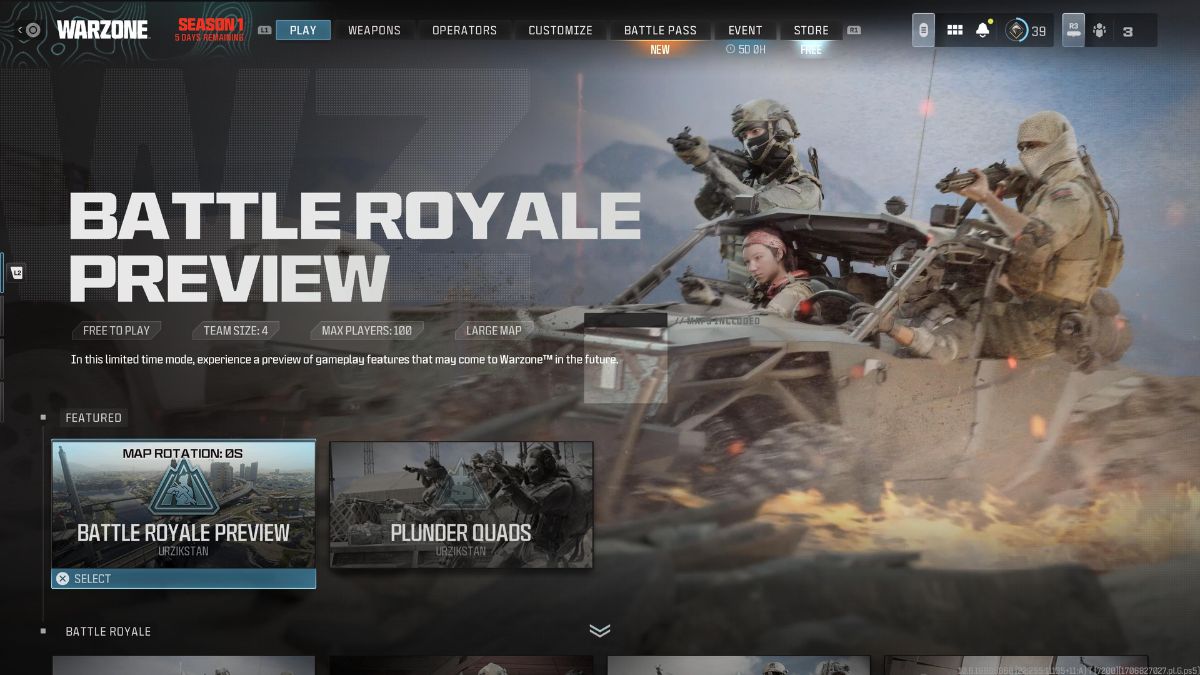 Battle Royale Preview selection screen in Warzone