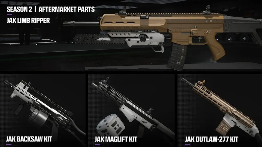Collage of Aftermarket Parts in MW3 Season 2 featuring JAK Limb Ripper, JAK Backsaw Kit, JAK Maglift Kit, JAK Outlaw-277 Kit
