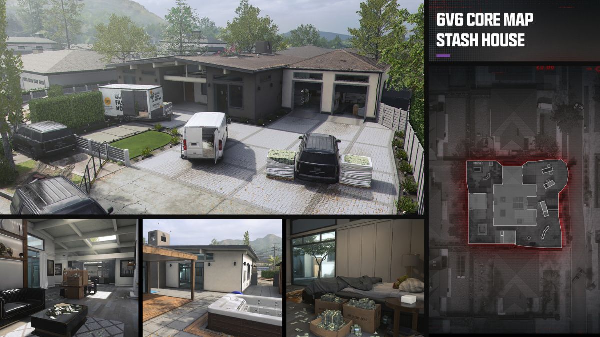 Collage of Stash House map locations and Tac-Map in MW3 Season 2