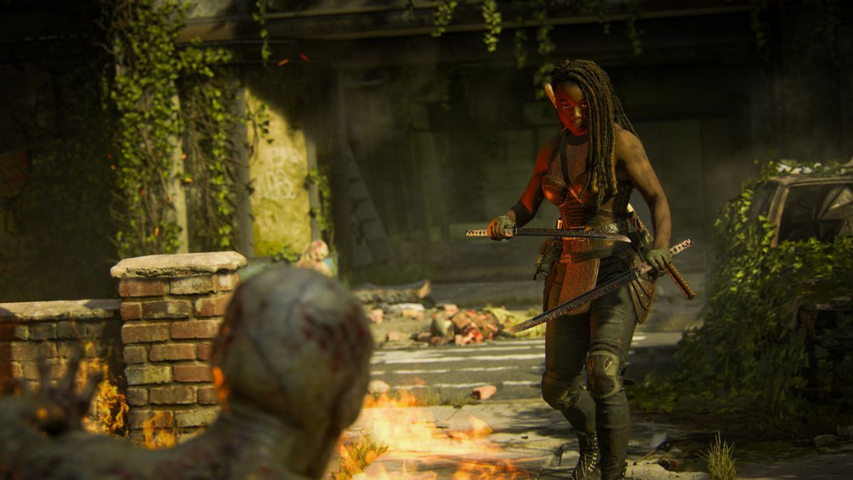 Michonne holding Killer Kodachis facing a zombie in MW3 Season 2