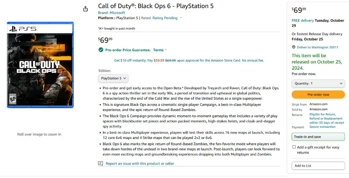 Black Ops 6 Amazon Listing